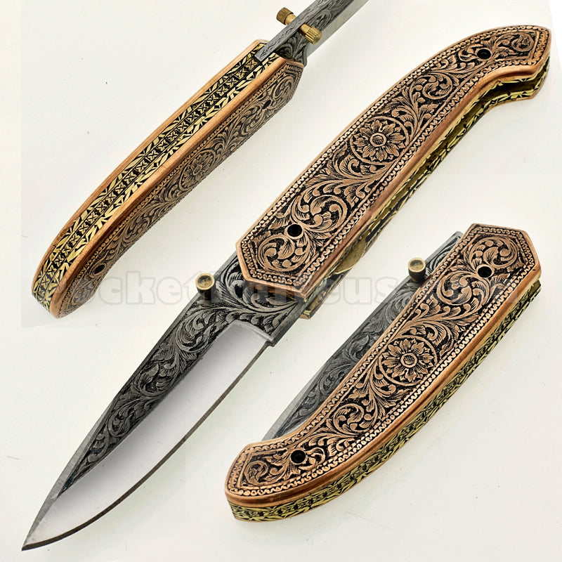 Engraved Steel Pocket Knife - Brass Handle – Folding Knife Store